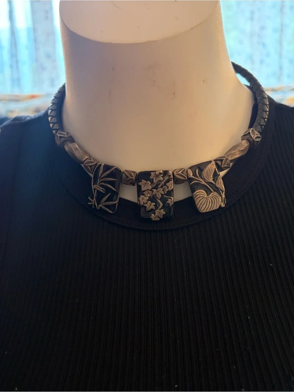 Vintage Chico's Black Enamel & Silver Tone Foliage Pendant Statement Necklace